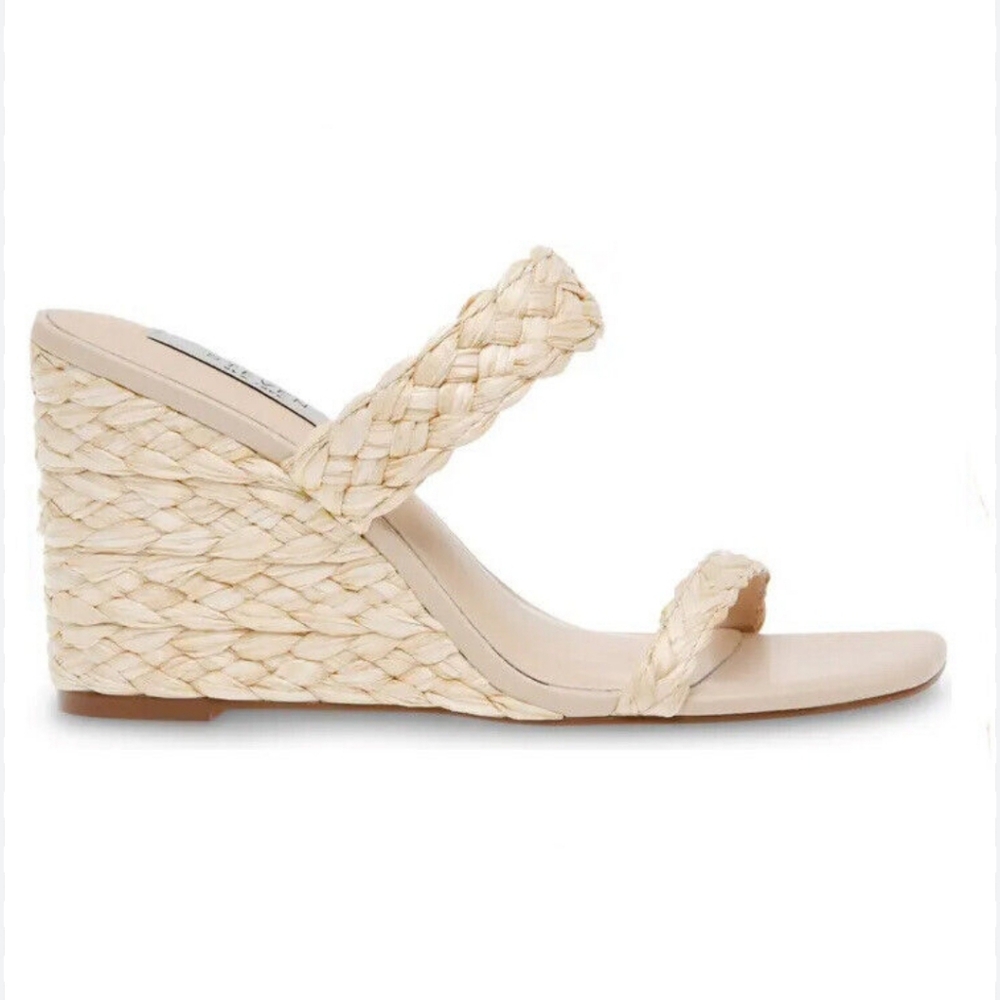 STEVEN NEW YORK Beige Raffia & Vegan Leather Combo Wedge Shoes Size 8.5, New